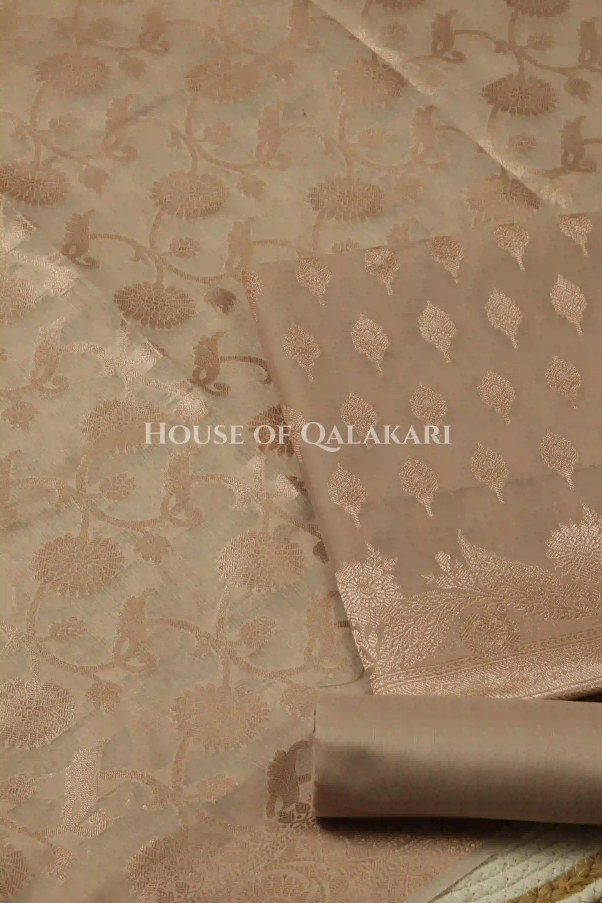 Banarasi Chanderi Cotton Unstitched Dress Material in Champagne beige with intricate Zari Buti work – product