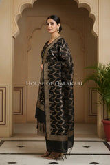 Banarasi Chanderi Cotton Unstitched Dress Material in Black and with matching floral vine jaal dupatta – side pose