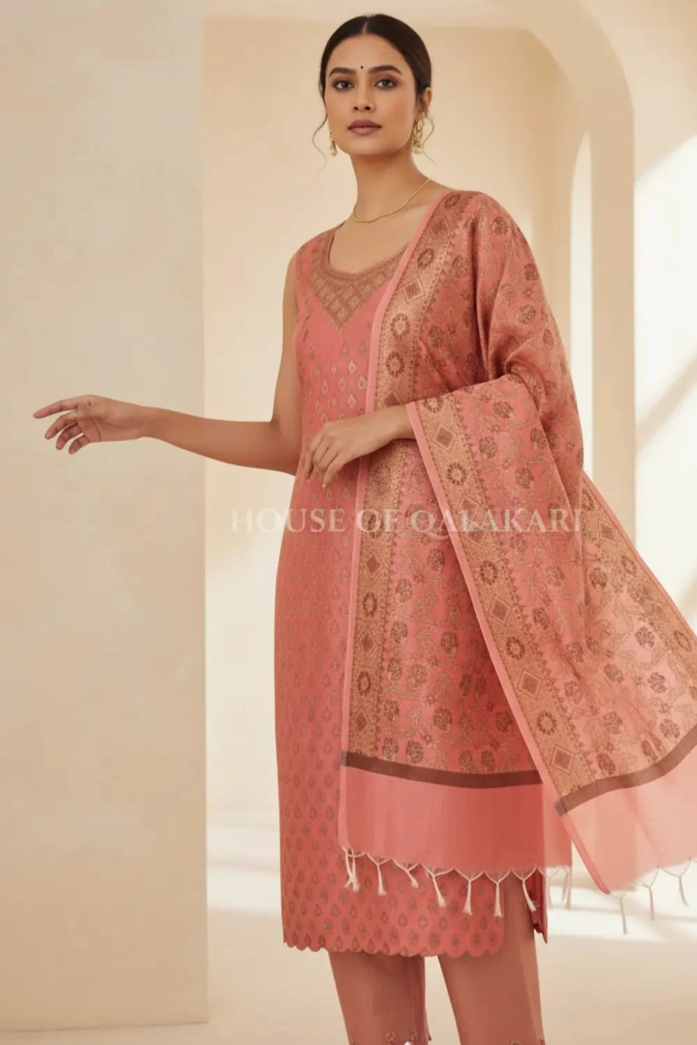 chanderi cotton dress material front pose