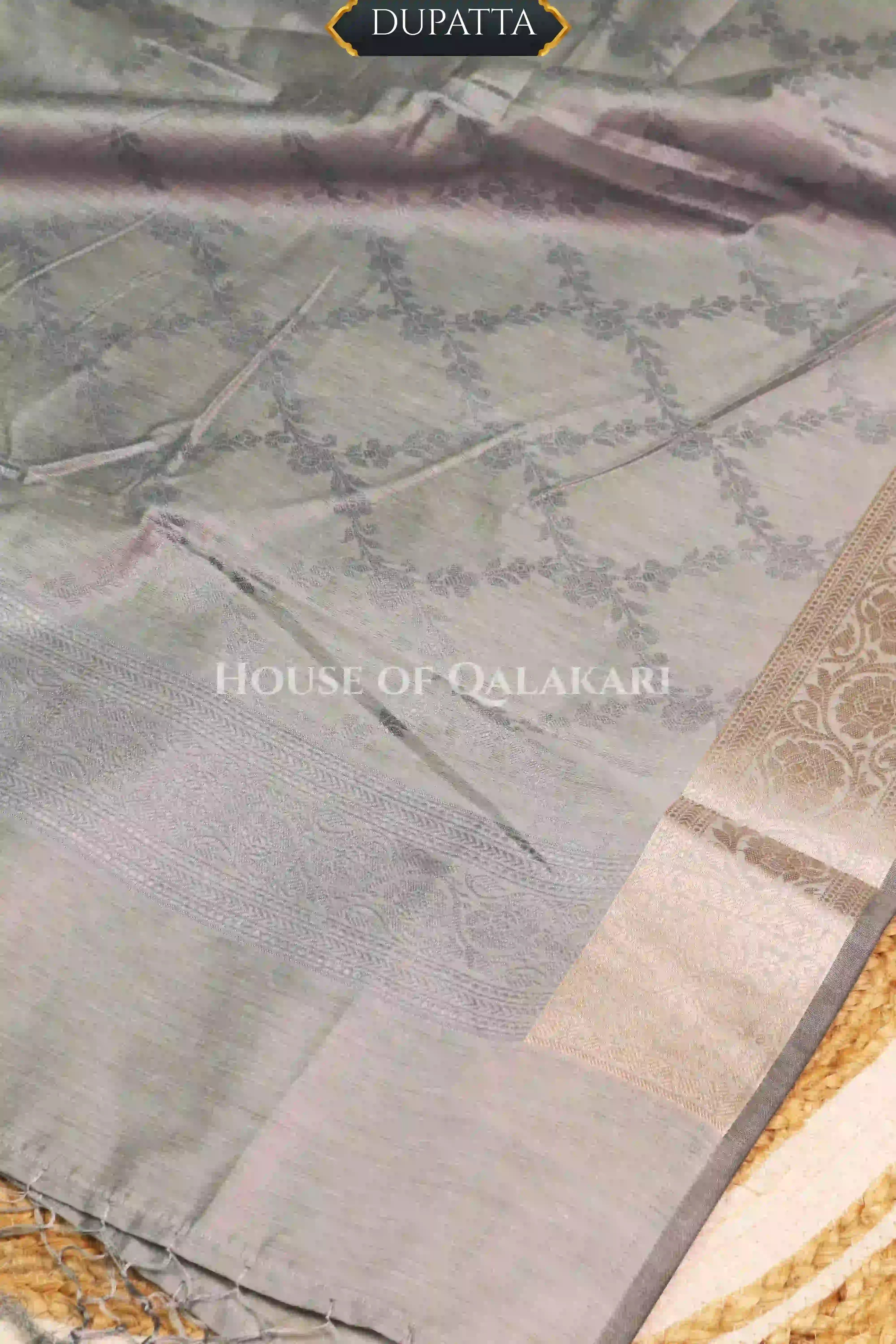 Banarasi Unstitched Dress Material in Grey diamond Chokdi resham work kurta and zari border – dupatta