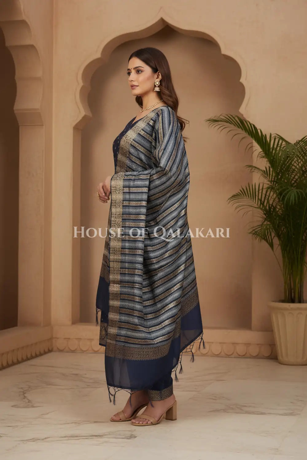 Banarasi Cotton Silk blend Unstitched Dress Material in midnight navy blue and with gol buti( Polka dots) inspired work – side pose