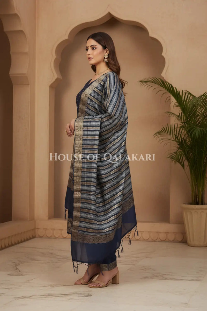 Banarasi Cotton Silk blend Unstitched Dress Material in midnight navy blue and with gol buti( Polka dots) inspired work – side pose