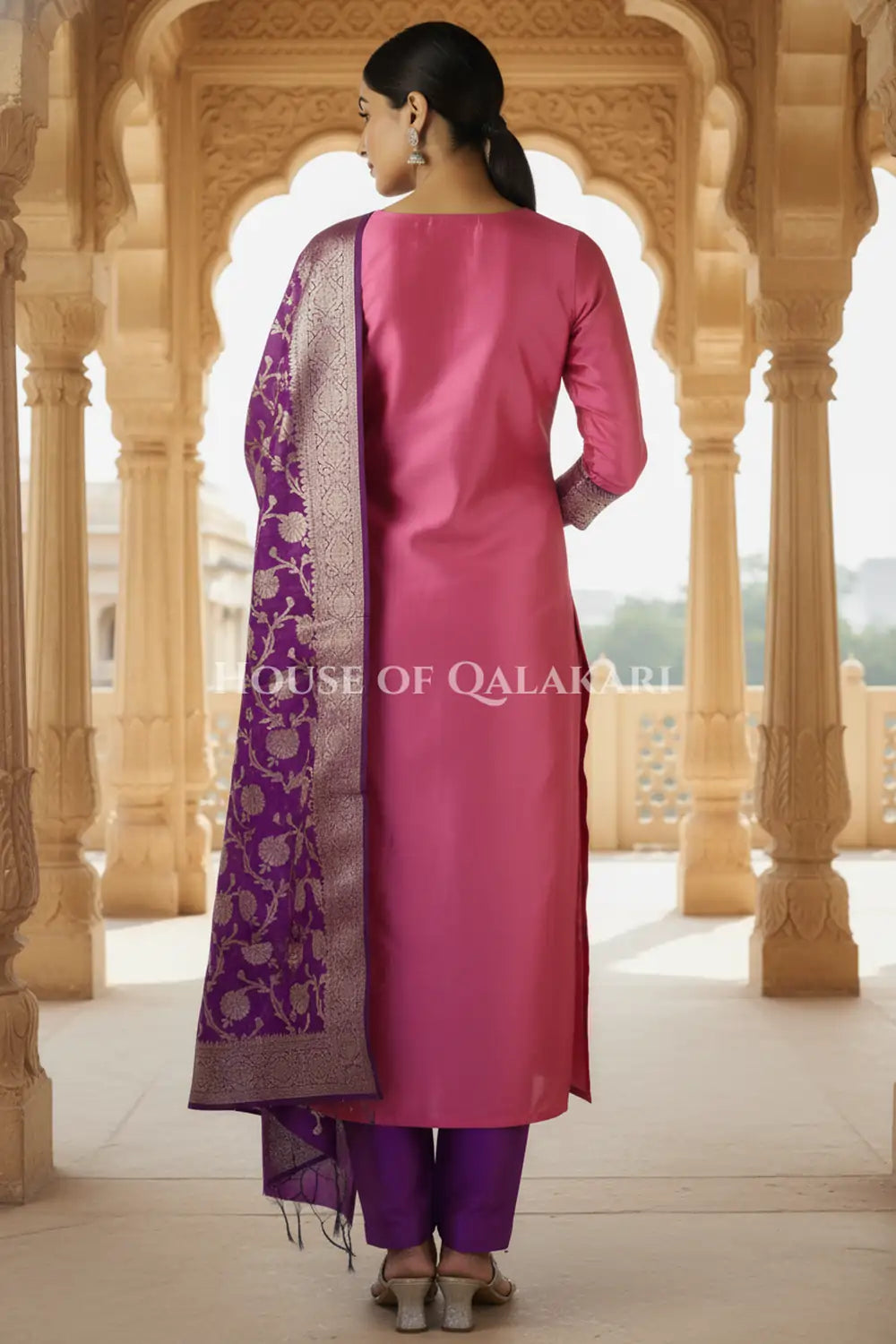 Banarasi silk Unstitched Dress Material in Rose Pink and Dark Purple contrast with Intricate Zari Buti – back pose