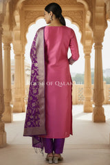 Banarasi silk Unstitched Dress Material in Rose Pink and Dark Purple contrast with Intricate Zari Buti – back pose