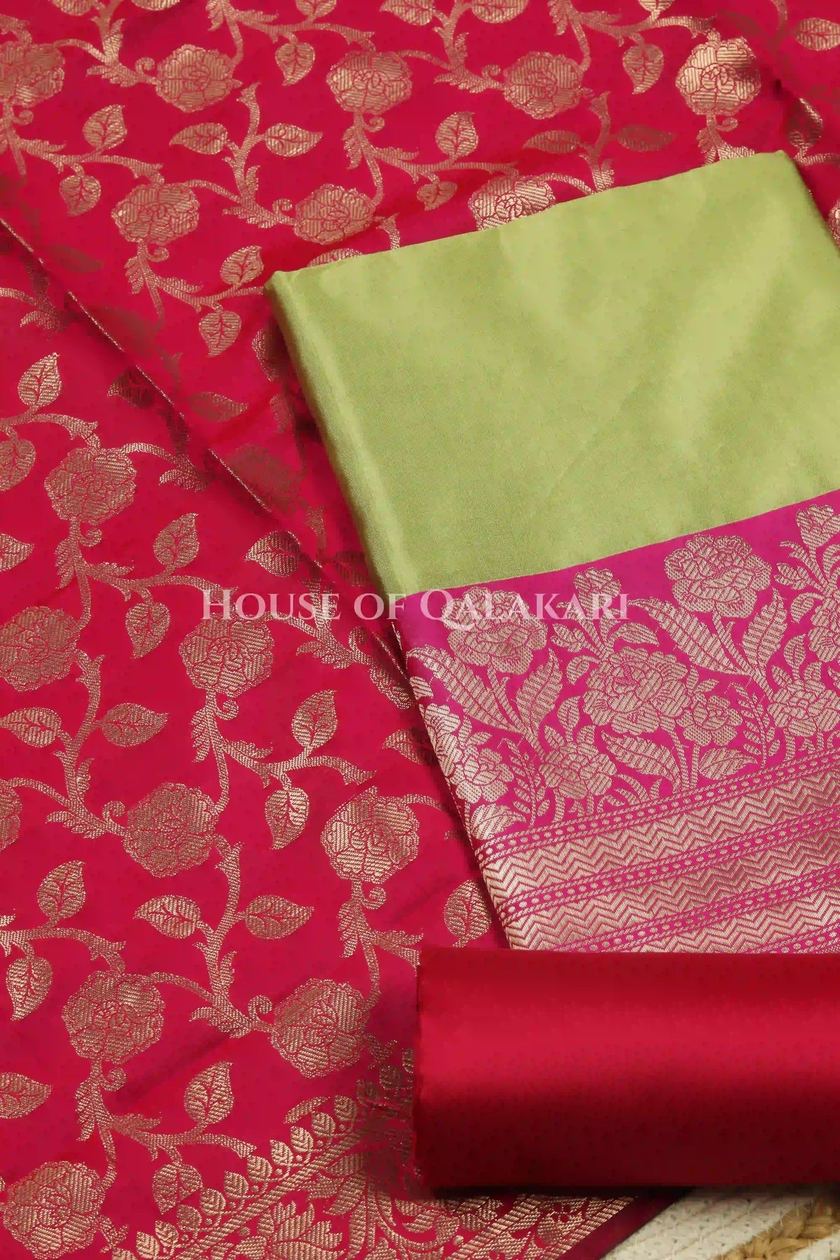 Banarasi silk Unstitched Dress Material in parrot green and pink contrast with Intricate Zari Buti – product