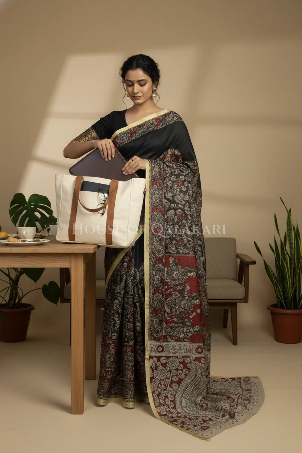 kota cotton kalamkari saree 0453 sitting pose