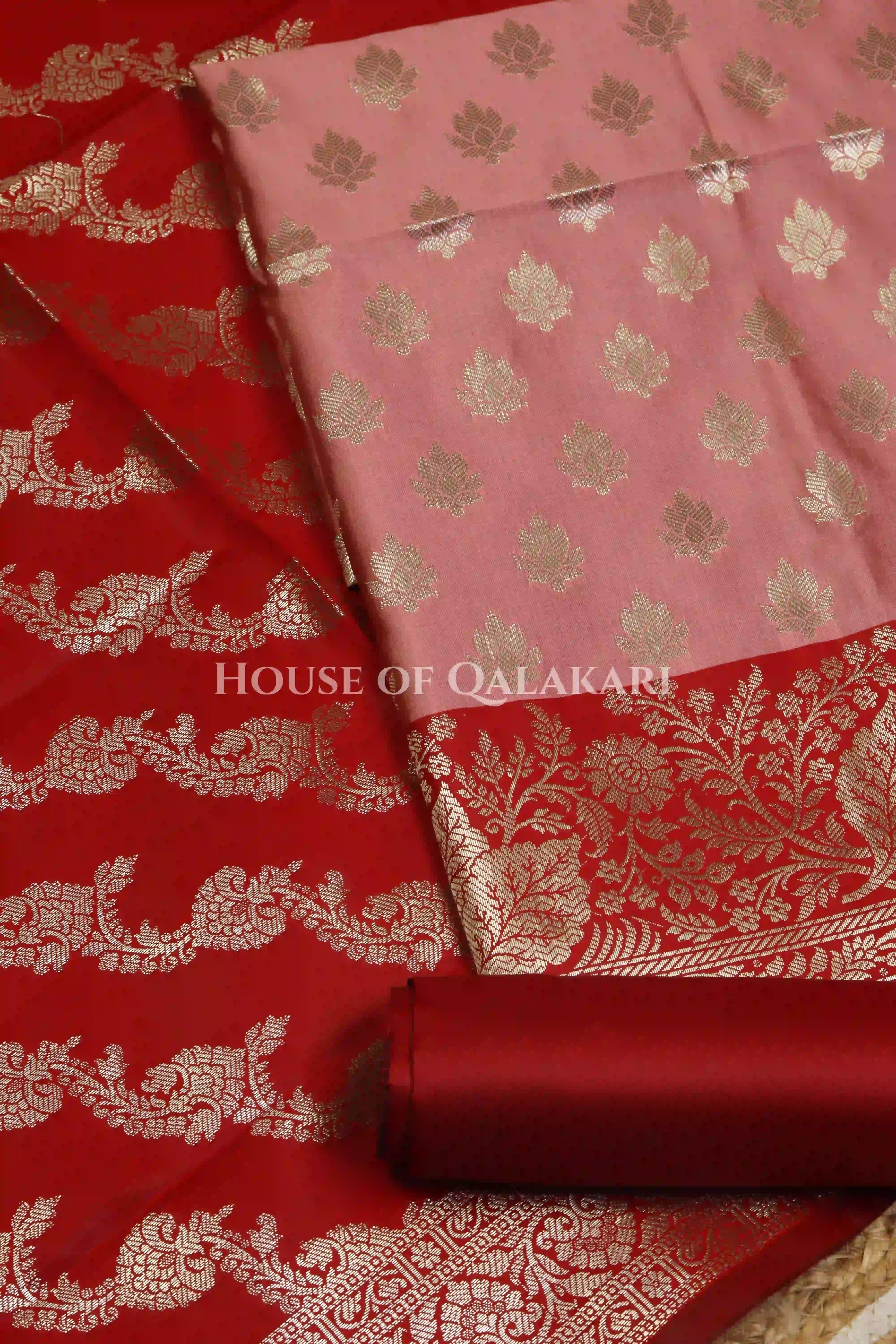 Banarasi Silk Unstitched Dress Material in Rose Pink and Red contrast with Intricate Zari Buti – product