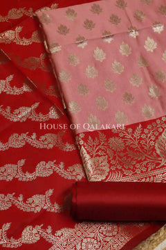 Banarasi Silk Unstitched Dress Material in Rose Pink and Red contrast with Intricate Zari Buti – product