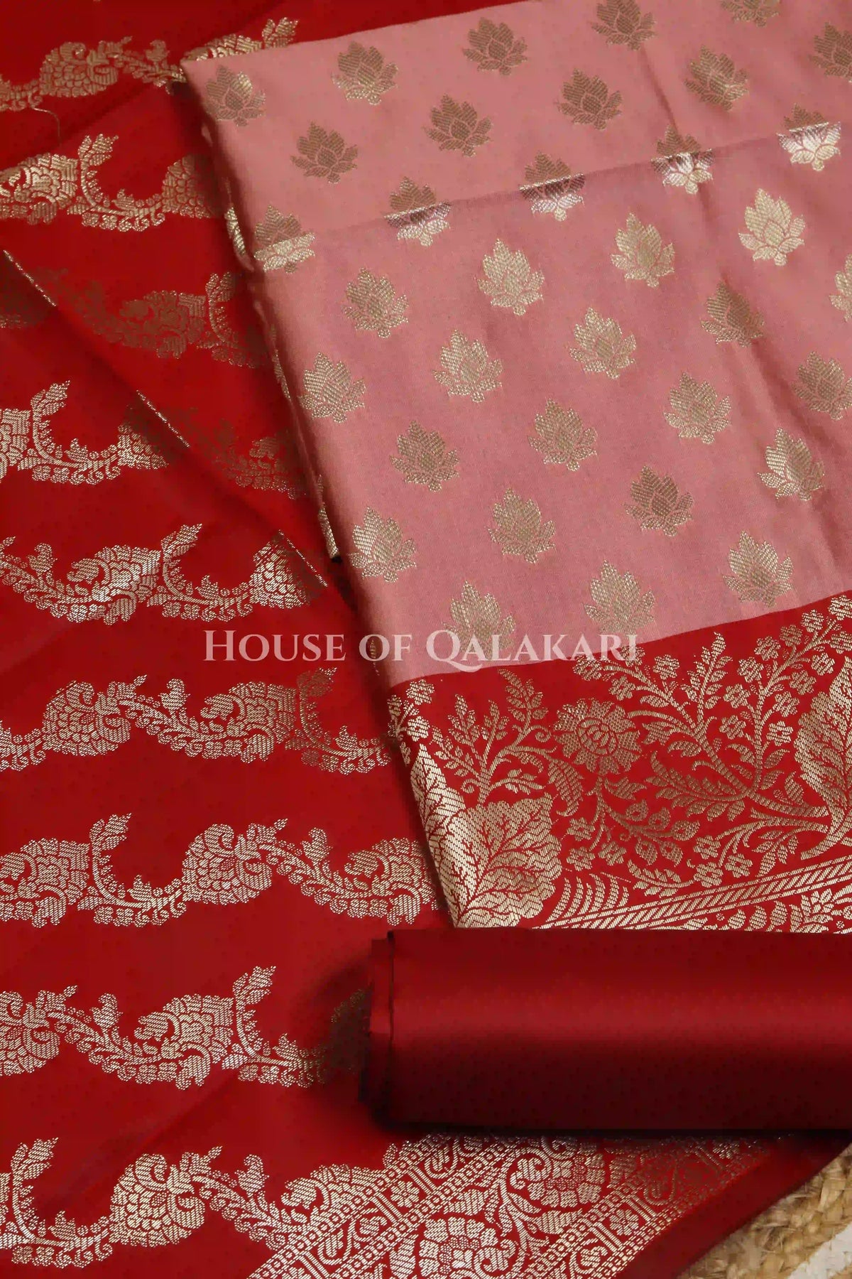 Banarasi Silk Unstitched Dress Material in Rose Pink and Red contrast with Intricate Zari Buti – product