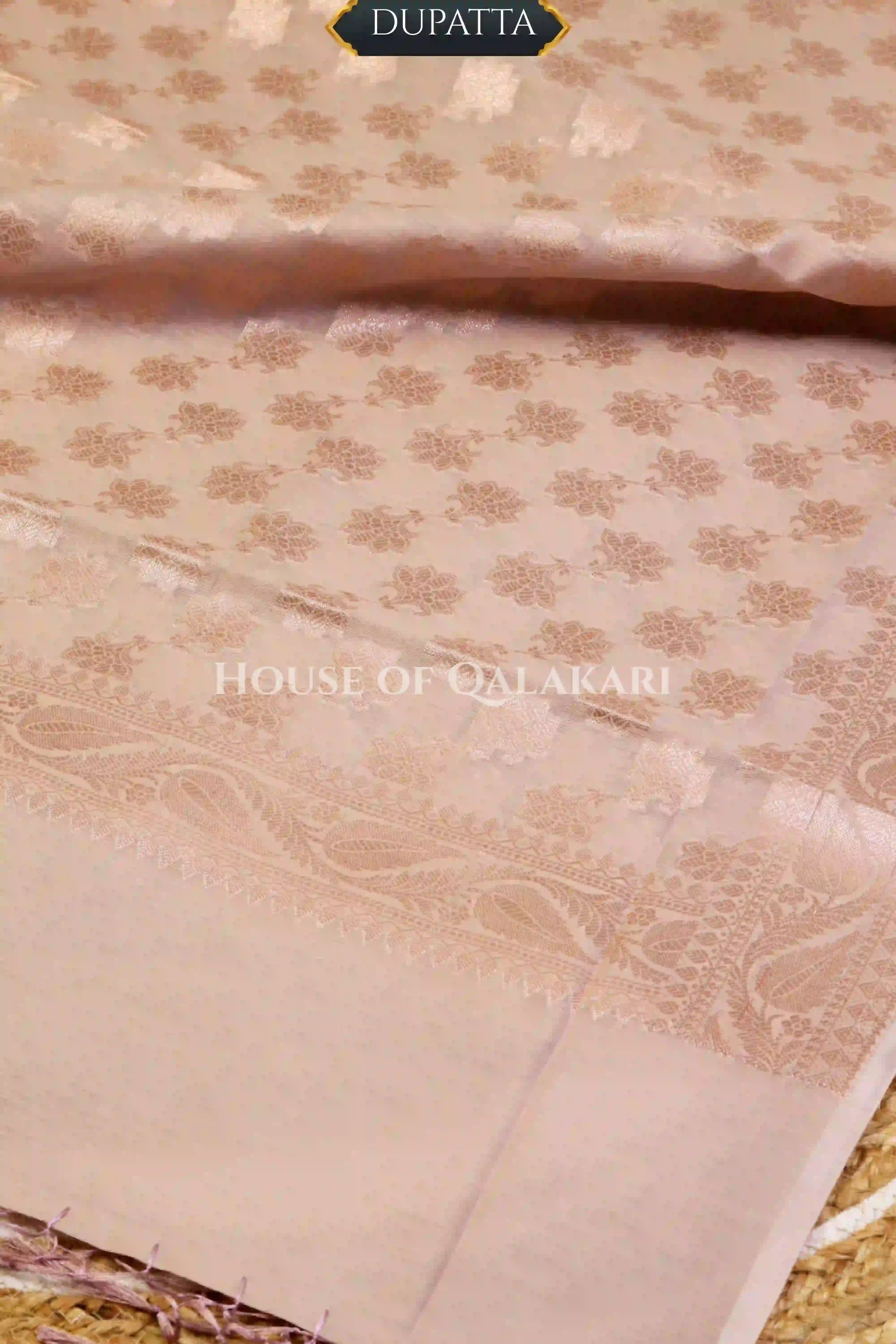Banarasi Chanderi Cotton Unstitched Dress Material in Rose Gold and with matching floral vine jaal dupatta – dupatta