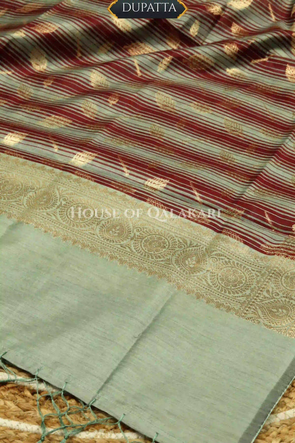 Banarasi Cotton Silk blend Unstitched Dress Material in maroon and Grey contrast with Intricate Zari Buti – dupatta