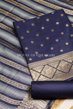Banarasi Cotton Silk blend Unstitched Dress Material in midnight navy blue and with gol buti( Polka dots) inspired work – product