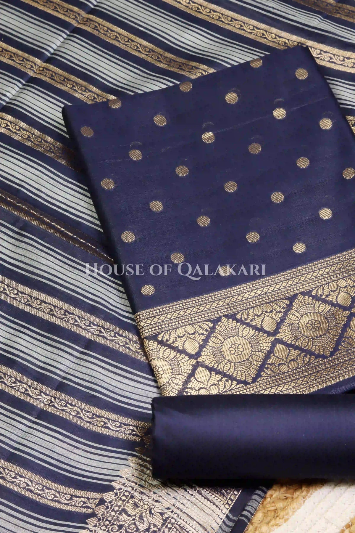 Banarasi Cotton Silk blend Unstitched Dress Material in midnight navy blue and with gol buti( Polka dots) inspired work – product