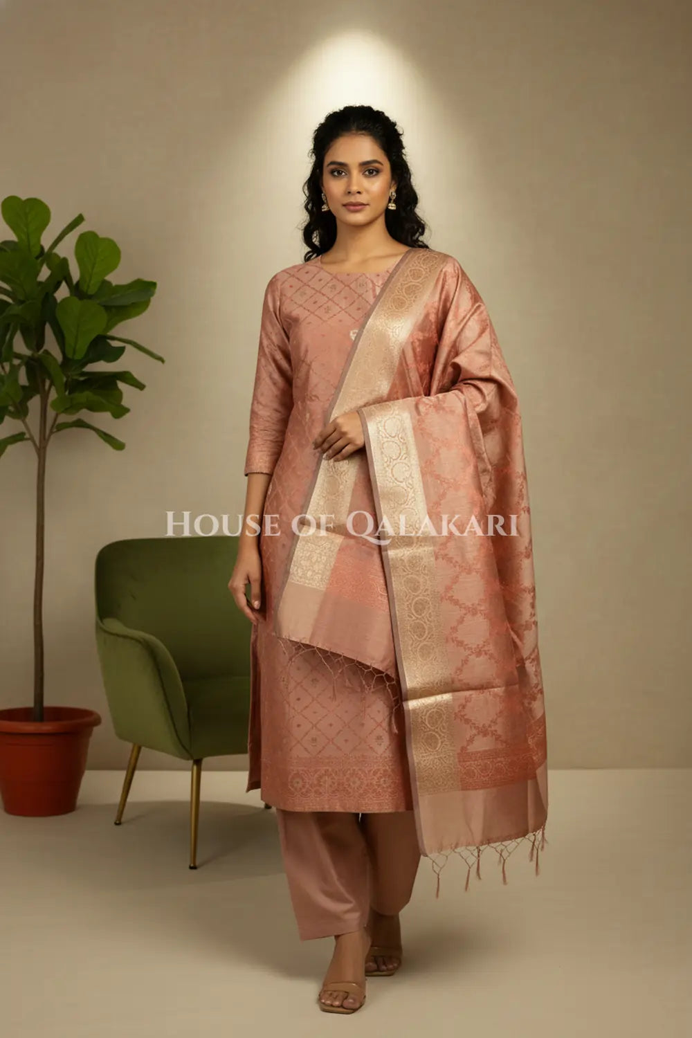 Banarasi Unstitched Dress Material in Brown Rust diamond Chokdi resham work kurta and zari border – front pose