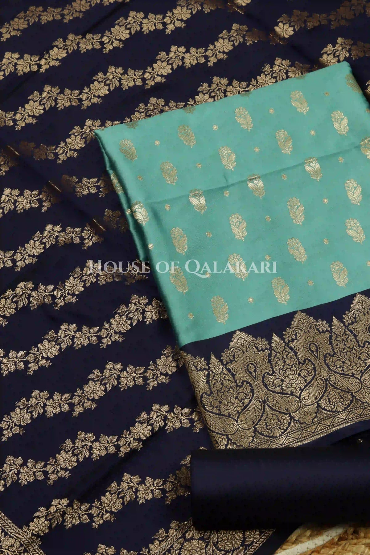 Banarasi Silk in sky blue and navy blue contrast with Intricate Zari Buti – product