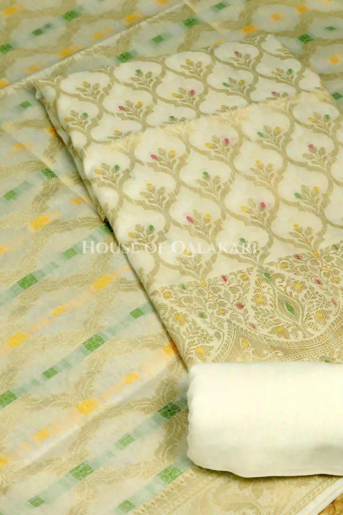 Cream Banarasi Chanderi Cotton Unstitched Dress Material with Zari Work – product
