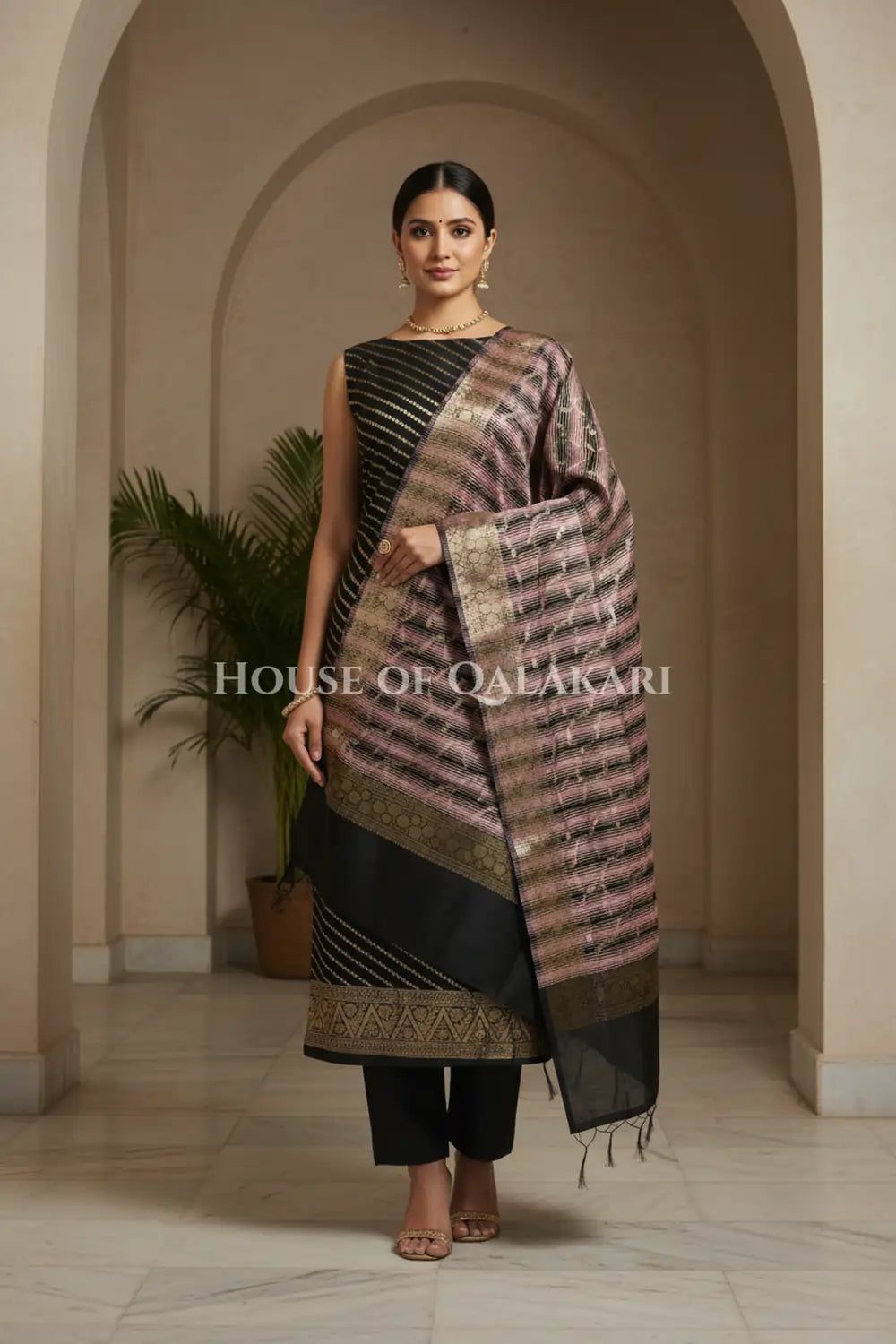 Banarasi Cotton Silk blend Unstitched Dress Material in Black and with Bandhani-Leheriya inspired work – front pose