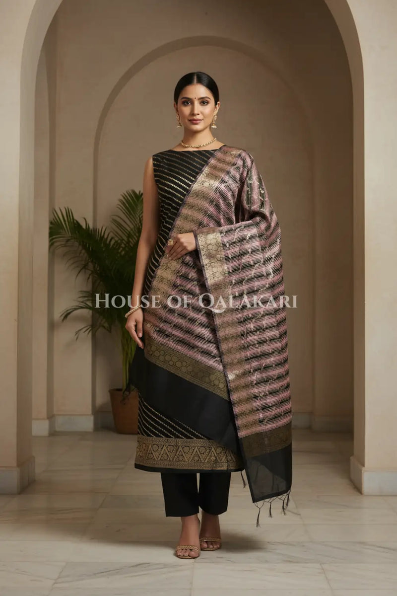Banarasi Cotton Silk blend Unstitched Dress Material in Black and with Bandhani-Leheriya inspired work – front pose