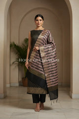 Banarasi Cotton Silk blend Unstitched Dress Material in Black and with Bandhani-Leheriya inspired work – front pose