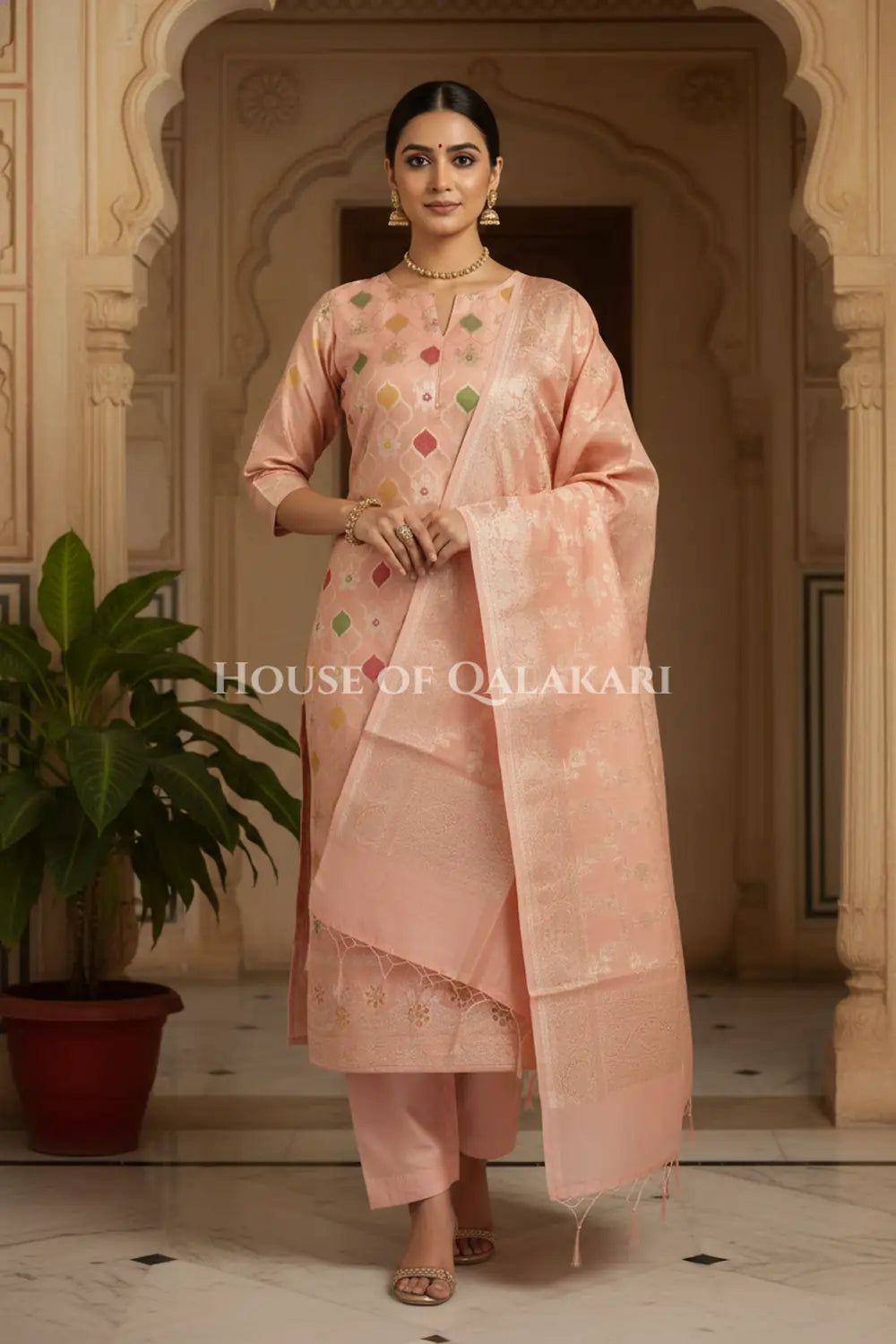 Banarasi Chanderi Cotton Unstitched Dress Material in Peach and with matching zari floral jaal dupatta – front pose