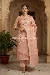 Banarasi Chanderi Cotton Unstitched Dress Material in Peach and with matching zari floral jaal dupatta – front pose