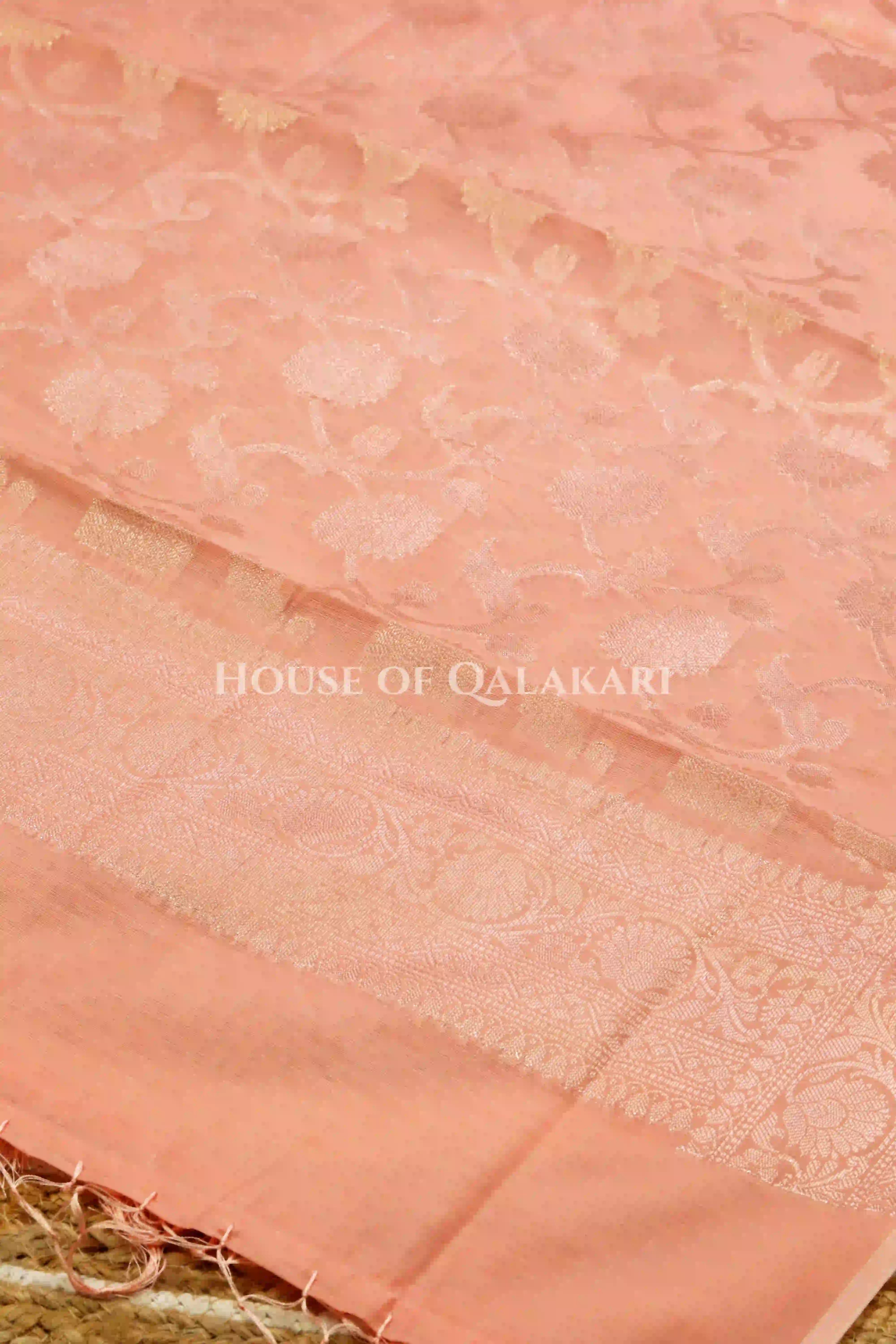 Banarasi Chanderi Cotton Unstitched Dress Material in Peach Pink with intricate Zari Buti work – dupatta