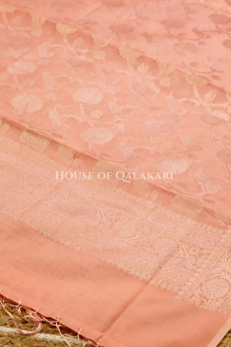 Banarasi Chanderi Cotton Unstitched Dress Material in Peach Pink with intricate Zari Buti work – dupatta