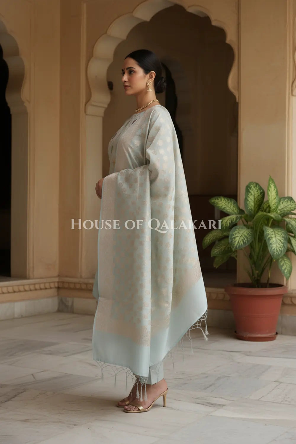 Banarasi Chanderi Cotton Unstitched Dress Material in Pale Silver and with matching floral vine jaal dupatta – side pose