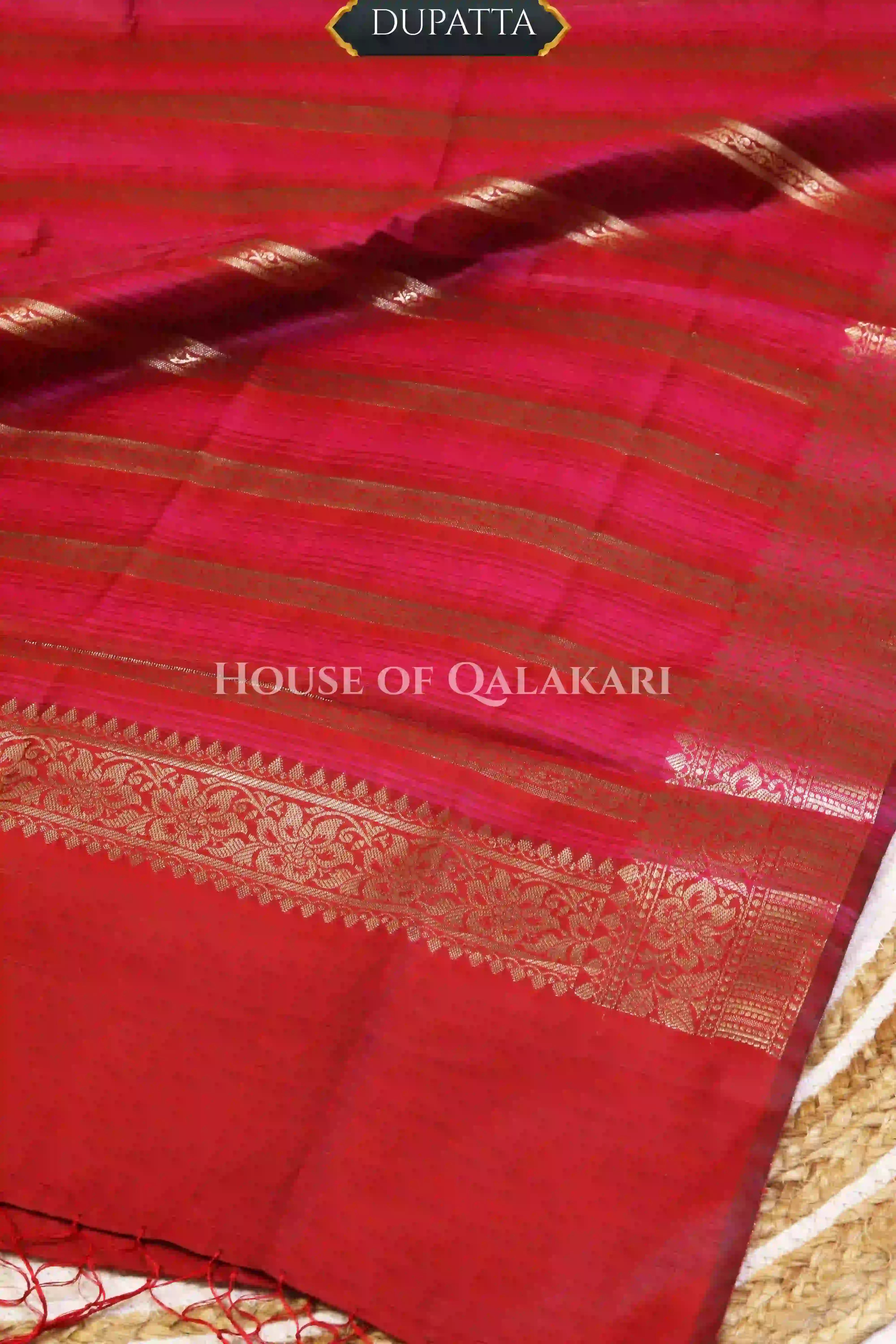 Banarasi Chanderi Cotton Unstitched Dress Material in Red and with matching horizontal zari stripe dupatta – dupatta