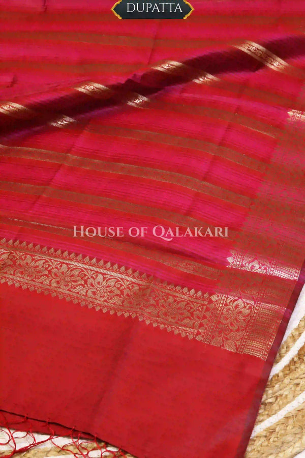 Banarasi Chanderi Cotton Unstitched Dress Material in Red and with matching horizontal zari stripe dupatta – dupatta