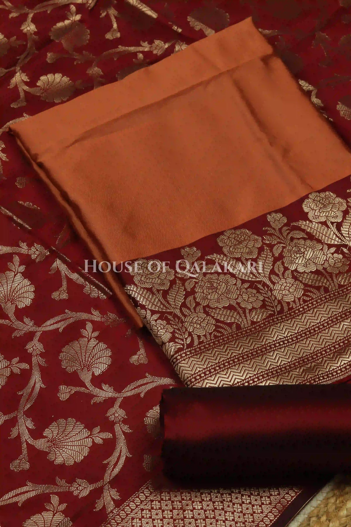 Banarasi silk Unstitched Dress Material in Clay Brown and Maroon Oak contrast with Intricate Zari Buti – product