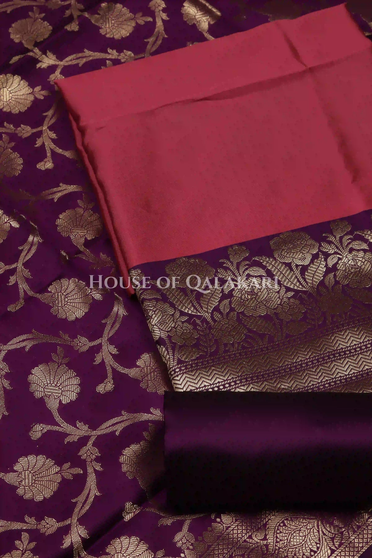 Banarasi silk Unstitched Dress Material in Rose Pink and Dark Purple contrast with Intricate Zari Buti – product