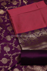Banarasi silk Unstitched Dress Material in Rose Pink and Dark Purple contrast with Intricate Zari Buti – product