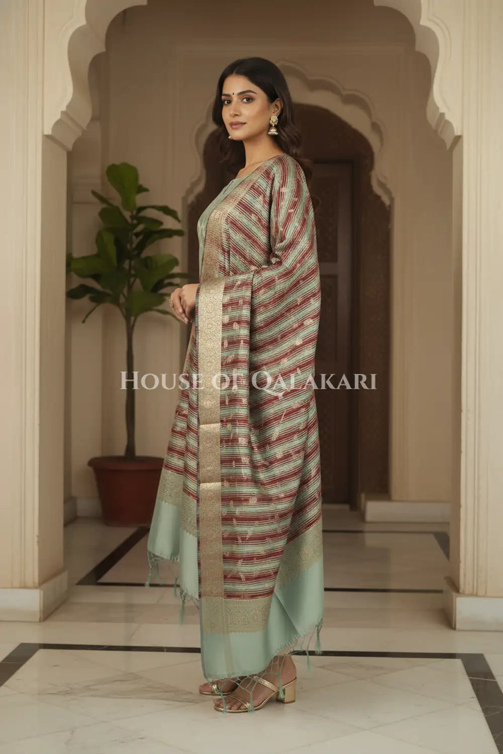 Banarasi Cotton Silk blend Unstitched Dress Material in Cement Grey and with contrast Dark brown-Cement Grey striped dupatta – side pose