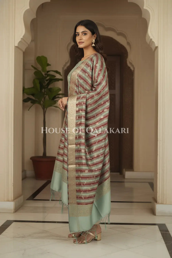 Banarasi Cotton Silk blend Unstitched Dress Material in Cement Grey and with contrast Dark brown-Cement Grey striped dupatta – side pose