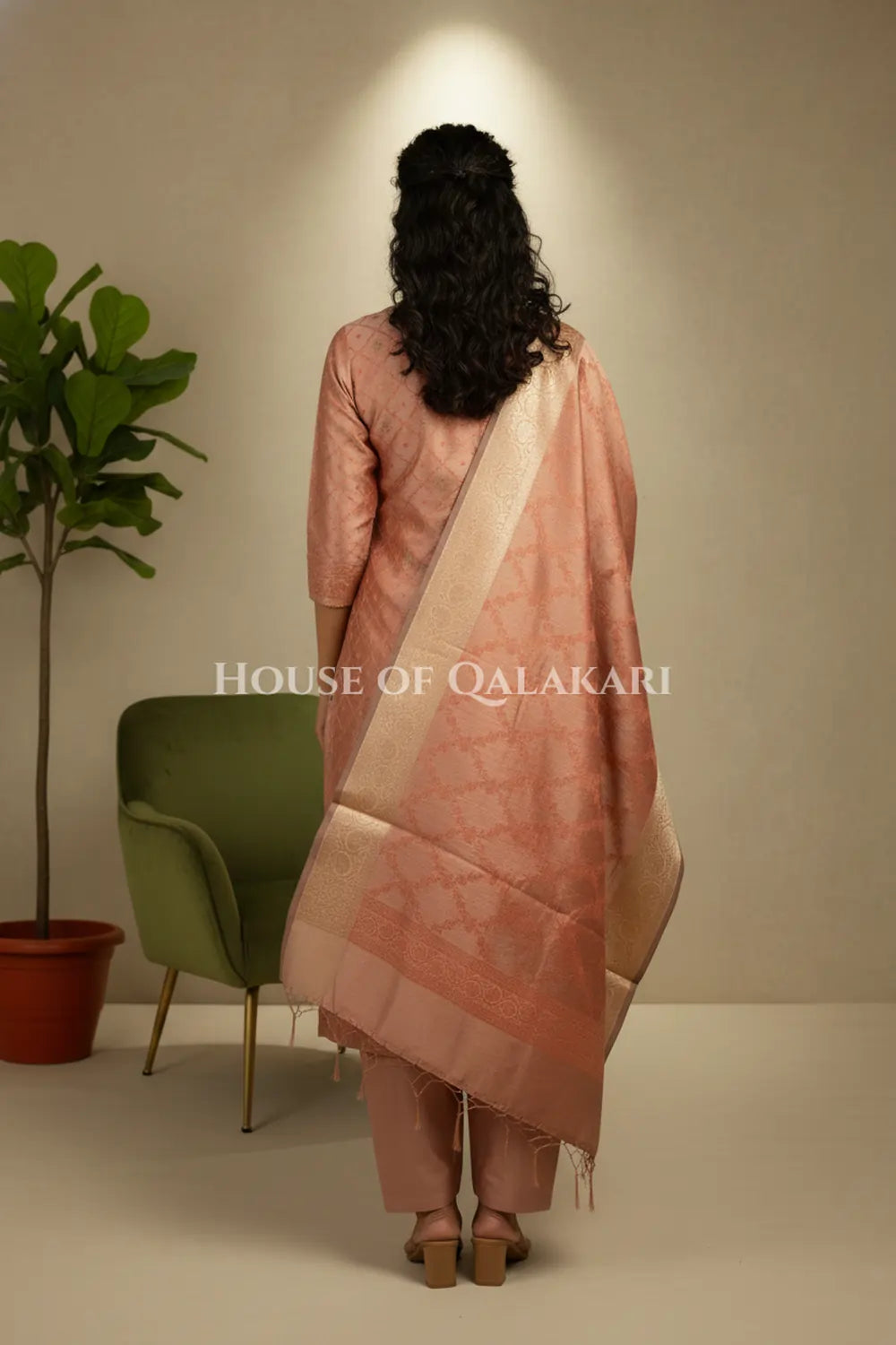 Banarasi Unstitched Dress Material in Brown Rust diamond Chokdi resham work kurta and zari border – back pose