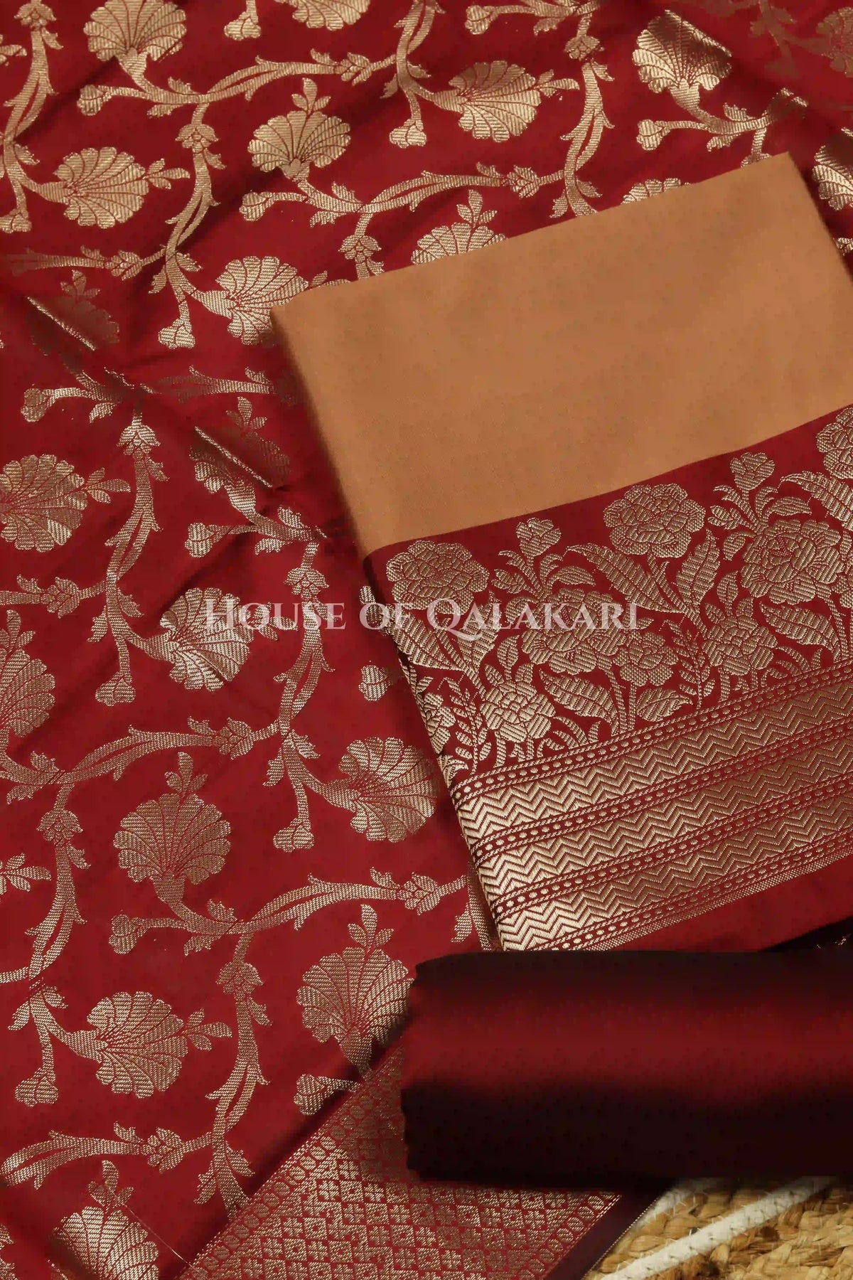 Banarasi silk Unstitched Dress Material in mustard and red contrast with Intricate Zari Buti – product