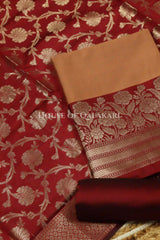 Banarasi silk Unstitched Dress Material in mustard and red contrast with Intricate Zari Buti – product