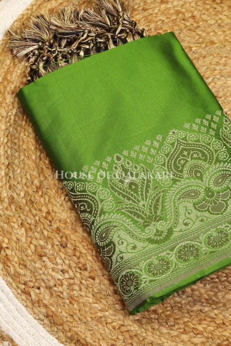 Banarasi Unstitched Dress Material in Light Olive Green and with plain body and resham border and diagonally striped resham dupatta – kurta
