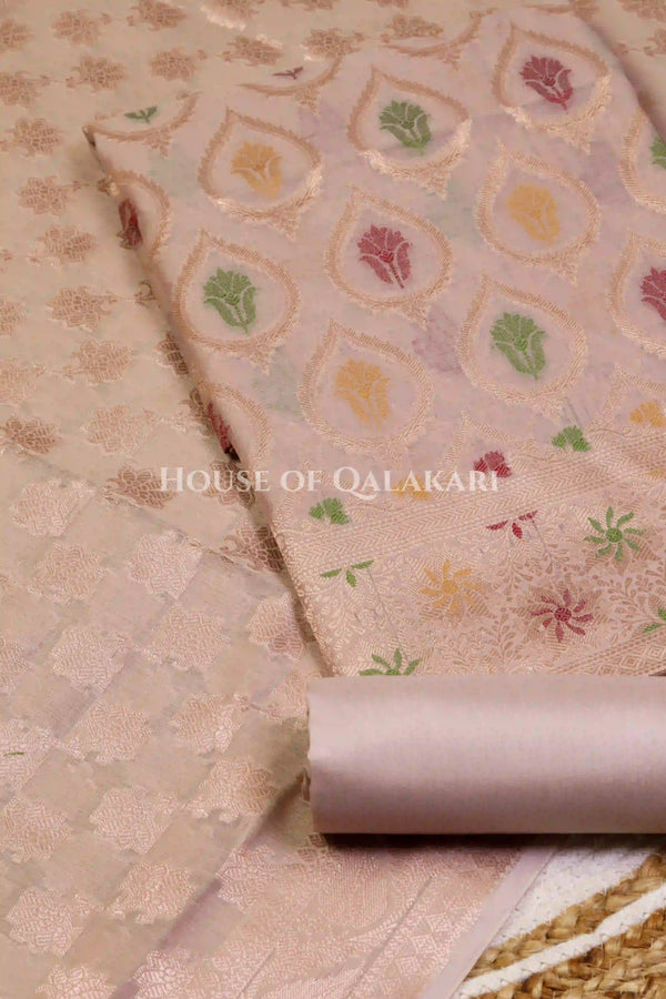 Banarasi Chanderi Cotton Unstitched Dress Material in Rose Gold and with matching floral vine jaal dupatta – product