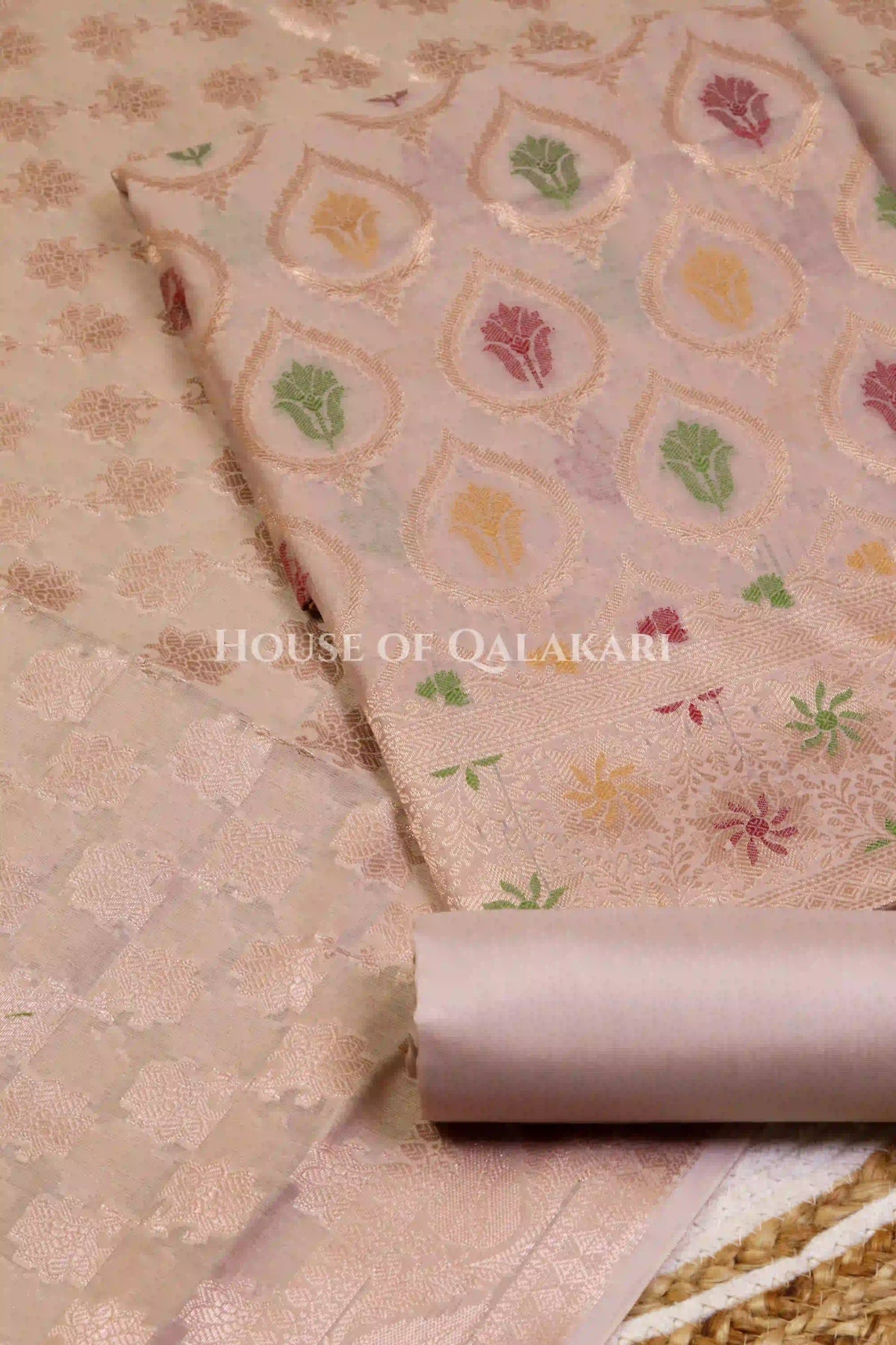Banarasi Chanderi Cotton Unstitched Dress Material in Rose Gold and with matching floral vine jaal dupatta – product