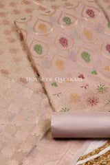 Banarasi Chanderi Cotton Unstitched Dress Material in Rose Gold and with matching floral vine jaal dupatta – product