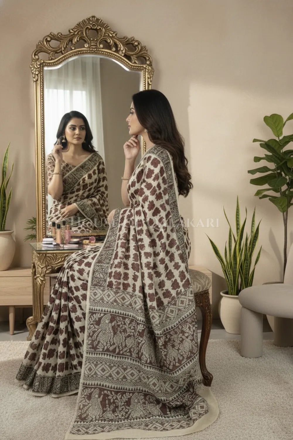 cotton kalamkari saree 0463 getting ready pose