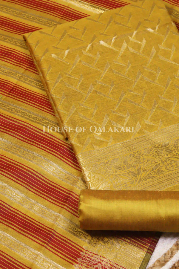 Banarasi Chanderi Cotton Unstitched Dress Material in Mustard and with matching horizontal zari stripe dupatta – product