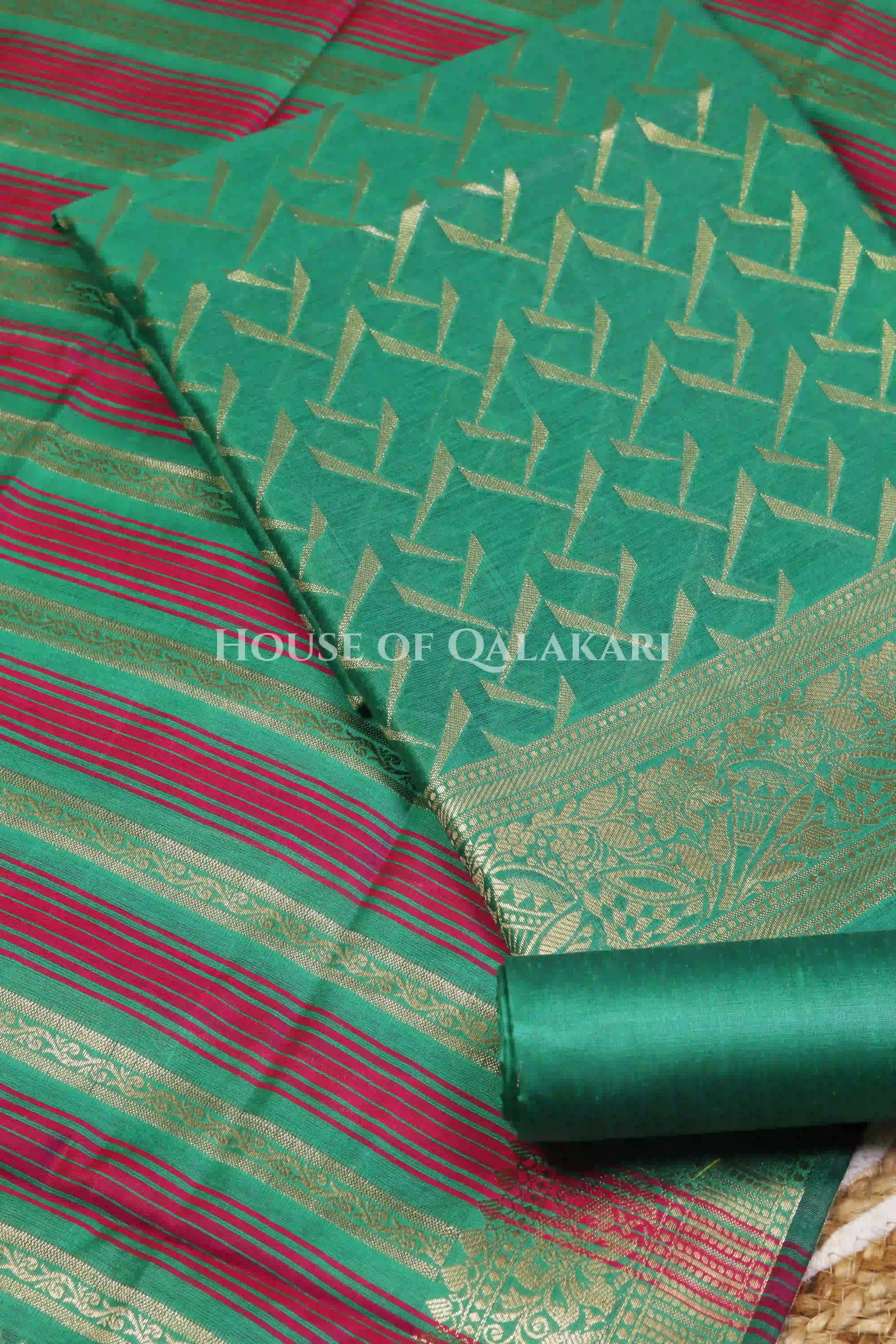 Banarasi Chanderi Cotton Unstitched Dress Material in Sea Green and with matching horizontal zari stripe dupatta – product