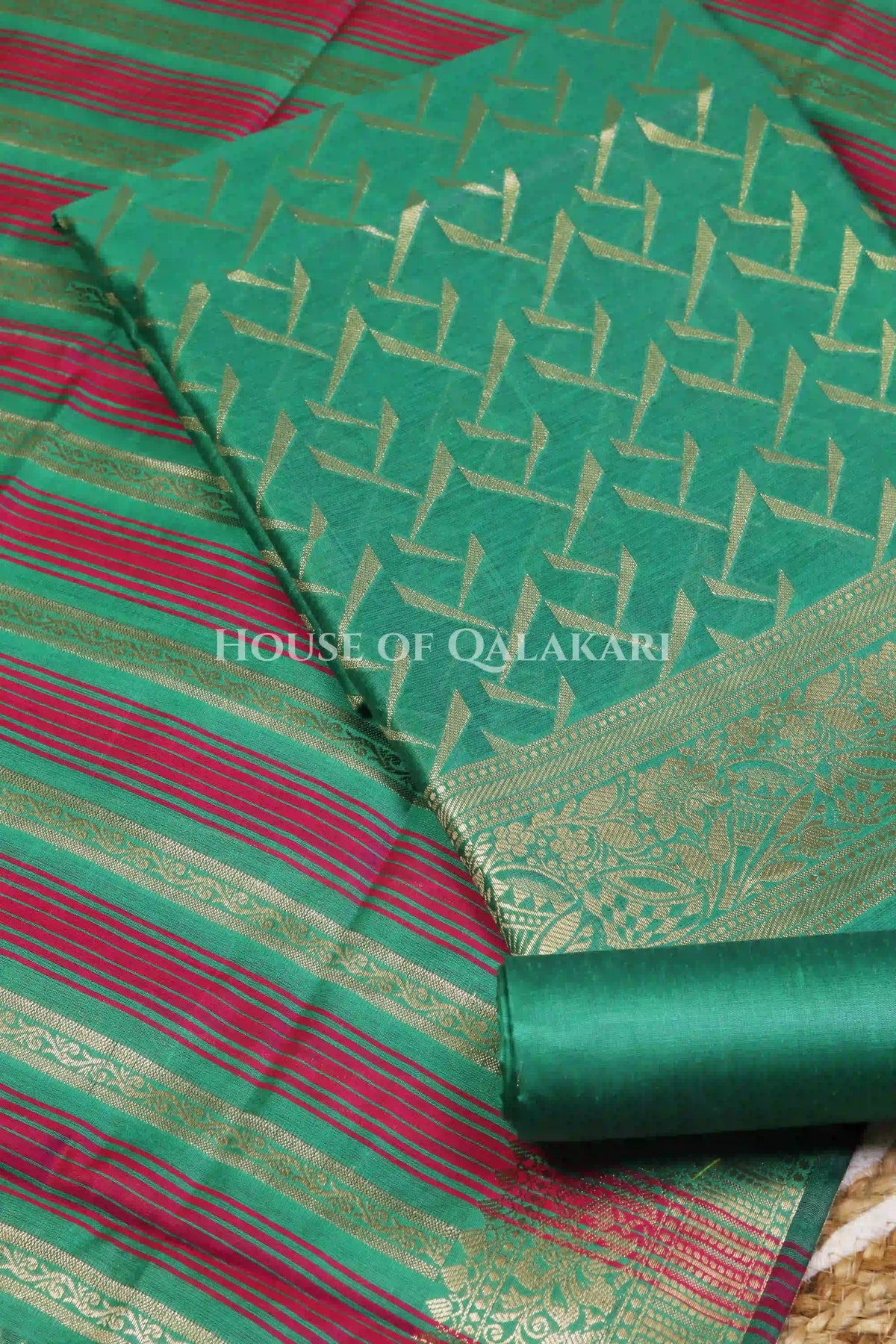Banarasi Chanderi Cotton Unstitched Dress Material in Sea Green and with matching horizontal zari stripe dupatta – product