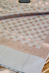 Banarasi Chanderi Cotton Unstitched Dress Material in Pale Silver and with matching floral vine jaal dupatta – dupatta