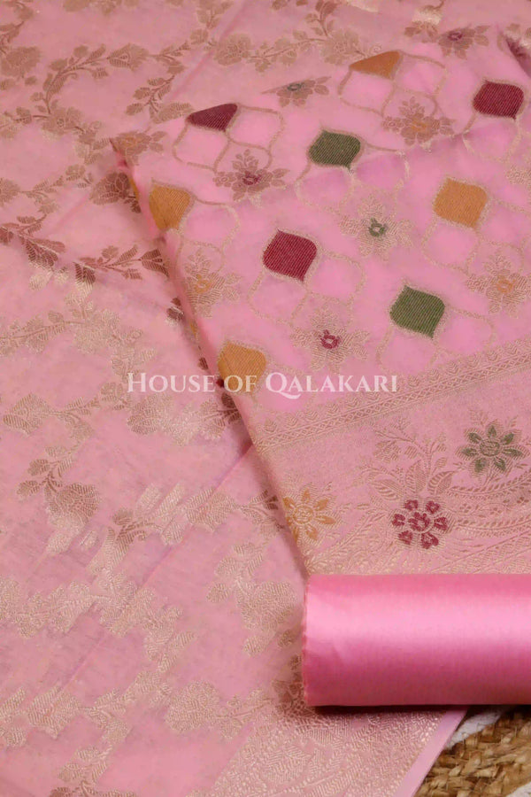 Banarasi Chanderi Cotton Unstitched Dress Material in Baby Pink and with matching zari floral jaal dupatta – product