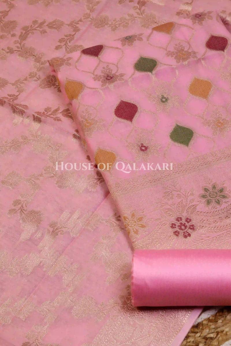 Banarasi Chanderi Cotton Unstitched Dress Material in Baby Pink and with matching zari floral jaal dupatta – product
