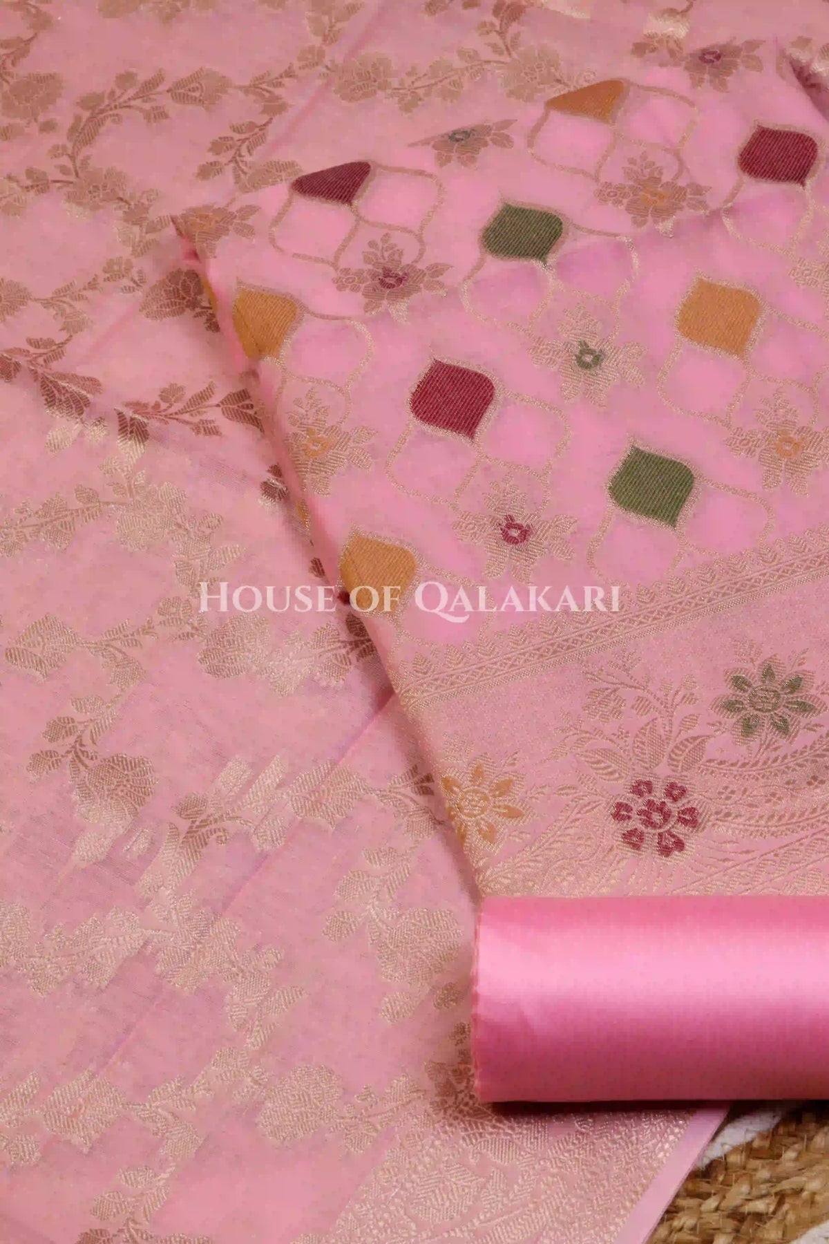 Banarasi Chanderi Cotton Unstitched Dress Material in Baby Pink and with matching zari floral jaal dupatta – product